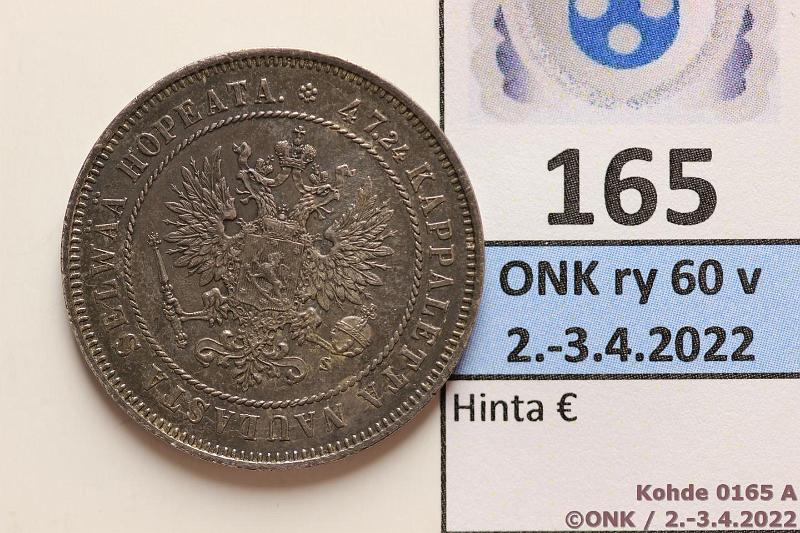 k-0165-a.jpg - Kohde 165 (kuva 1/2), lhthinta: 15 € / myyntihinta: 21 € 2 mk 1874 Ag, tumma, kunto: 6