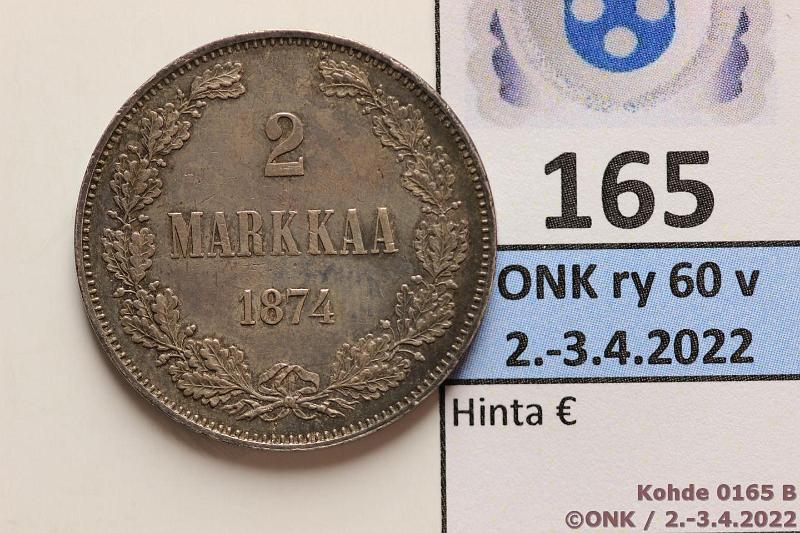 k-0165-b.jpg - Kohde 165 (kuva 2/2), lhthinta: 15 € / myyntihinta: 21 € 2 mk 1874 Ag, tumma, kunto: 6