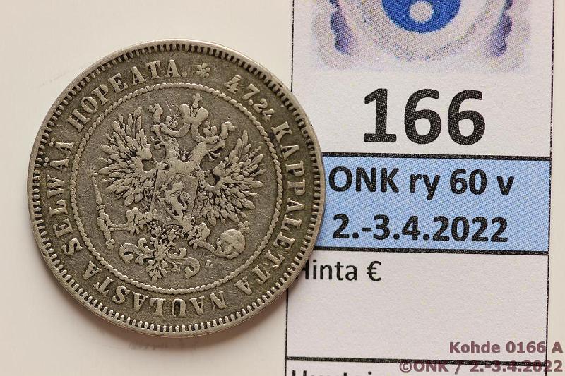 k-0166-a.jpg - Kohde 166 (kuva 1/2), lhthinta: 150 € / myyntihinta: 150 € 2 mk 1905 Ag, prvja, vaikea vuosi!, kunto: 4