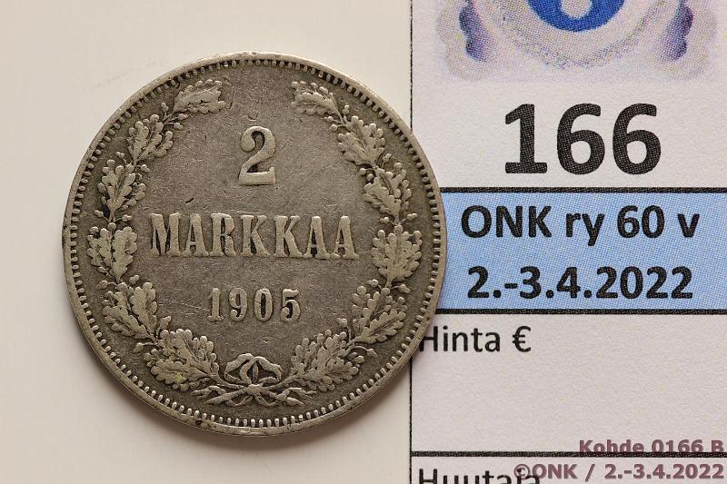 k-0166-b.jpg - Kohde 166 (kuva 2/2), lhthinta: 150 € / myyntihinta: 150 € 2 mk 1905 Ag, prvja, vaikea vuosi!, kunto: 4