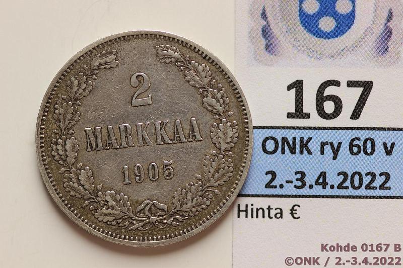 k-0167-b.jpg - Kohde 167 (kuva 2/2), lhthinta: 150 € / myyntihinta: 185 € 2 mk 1905 Ag, lpuhd, vaikea vuosi!, kunto: 4/5