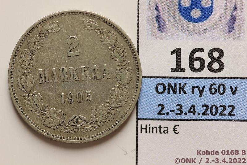 k-0168-b.jpg - Kohde 168 (kuva 2/2), lhthinta: 150 € / myyntihinta: 200 € 2 mk 1905 Ag, prv, vaikea vuosi!, kunto: 5