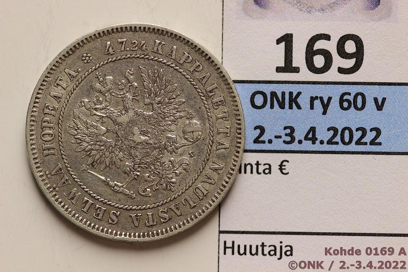 k-0169-a.jpg - Kohde 169 (kuva 1/3), lhthinta: 20 € / myyntihinta: 26 € 2 mk 1906 Ag, SNY 500.1, pitk /, lpuhd, eprv, kunto: 6