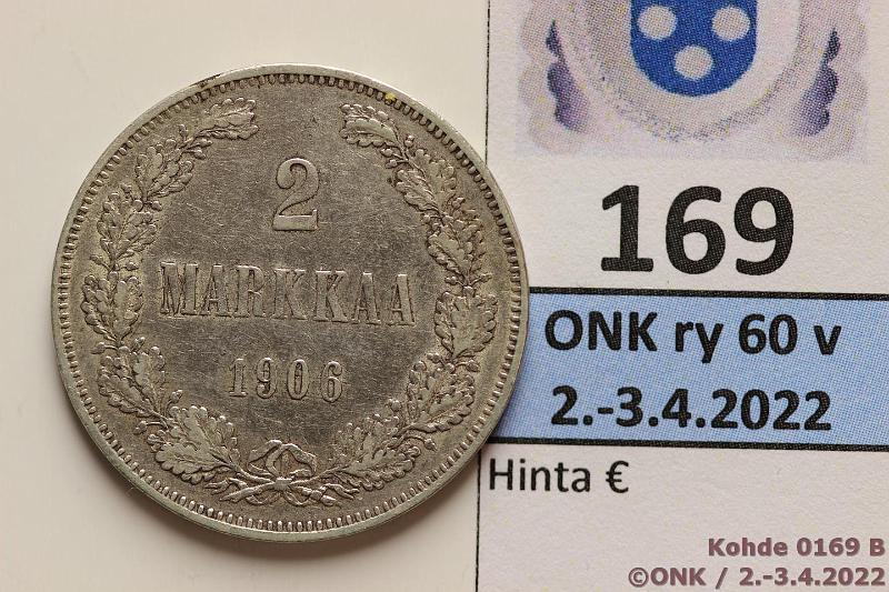 k-0169-b.jpg - Kohde 169 (kuva 2/3), lhthinta: 20 € / myyntihinta: 26 € 2 mk 1906 Ag, SNY 500.1, pitk /, lpuhd, eprv, kunto: 6