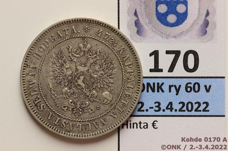 k-0170-a.jpg - Kohde 170 (kuva 1/3), lhthinta: 12 € / myyntihinta: 12 € 2 mk 1906 Ag, SNY 500.2, lyhyt /, kunto: 4