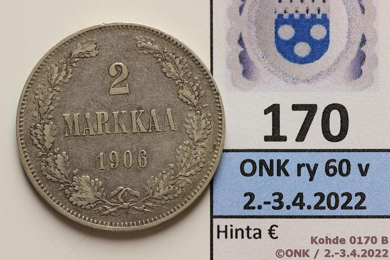 k-0170-b.jpg - Kohde 170 (kuva 2/3), lhthinta: 12 € / myyntihinta: 12 € 2 mk 1906 Ag, SNY 500.2, lyhyt /, kunto: 4