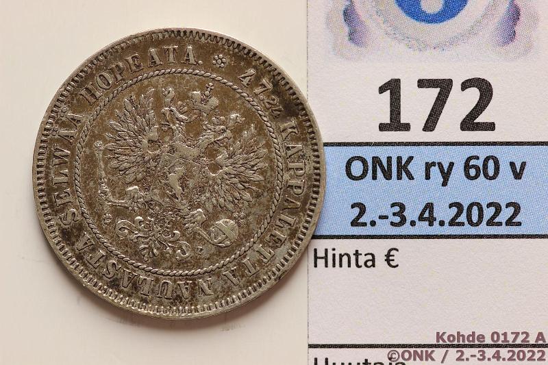 k-0172-a.jpg - Kohde 172 (kuva 1/2), lhthinta: 12 € / myyntihinta: 12 € 2 mk 1907 Ag, laikukas, kunto: 5