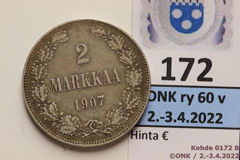 k-0172-b.jpg - Kohde 172 (kuva 2/2), lhthinta: 12 € / myyntihinta: 12 € 2 mk 1907 Ag, laikukas, kunto: 5