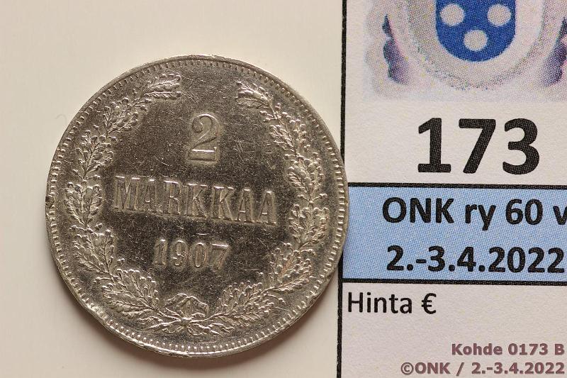 k-0173-b.jpg - Kohde 173 (kuva 2/2), lhthinta: 10 € / myyntihinta: 10 € 2 mk 1907 Ag, isoja rvja, puhd, kunto: 6/7