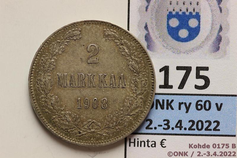 k-0175-b.jpg - Kohde 175 (kuva 2/2), lhthinta: 12 € / myyntihinta: 23 € 2 mk 1908 Ag, eprv, kunto: 6
