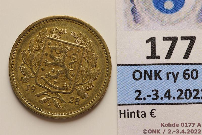 k-0177-a.jpg - Kohde 177 (kuva 1/2), lhthinta: 20 € / myyntihinta: 30 € 5 mk 1928 AlBr, kunto: 5