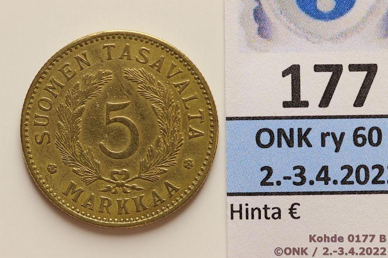 k-0177-b.jpg - Kohde 177 (kuva 2/2), lhthinta: 20 € / myyntihinta: 30 € 5 mk 1928 AlBr, kunto: 5