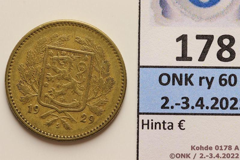 k-0178-a.jpg - Kohde 178 (kuva 1/2), lhthinta: 20 € / myyntihinta: 20 € 5 mk 1929 AlBr, kunto: 4