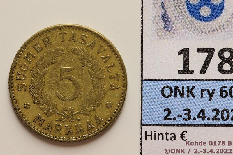 k-0178-b.jpg - Kohde 178 (kuva 2/2), lhthinta: 20 € / myyntihinta: 20 € 5 mk 1929 AlBr, kunto: 4