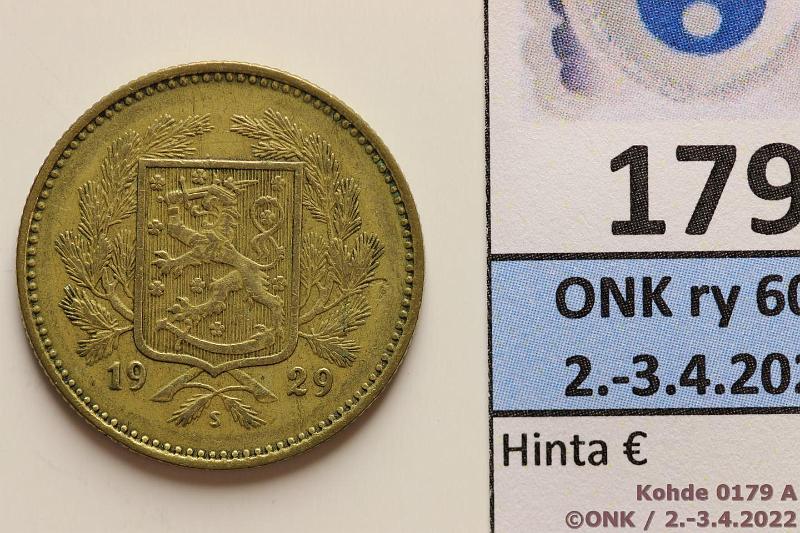 k-0179-a.jpg - Kohde 179 (kuva 1/2), lhthinta: 20 € / myyntihinta: 26 € 5 mk 1929 AlBr, kunto: 4