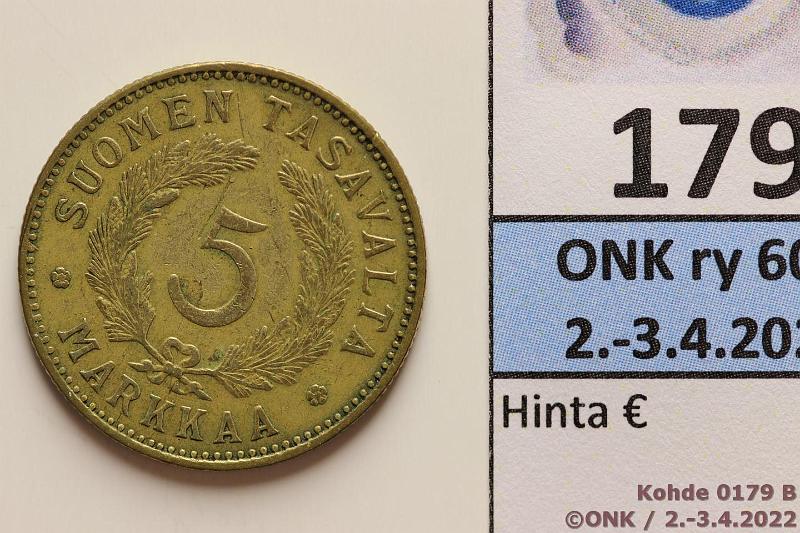 k-0179-b.jpg - Kohde 179 (kuva 2/2), lhthinta: 20 € / myyntihinta: 26 € 5 mk 1929 AlBr, kunto: 4