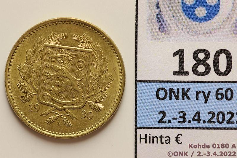 k-0180-a.jpg - Kohde 180 (kuva 1/2), lhthinta: 10 € / myyntihinta: 95 € 5 mk 1930 AlBr. Erittin kaunis!, kunto: 8