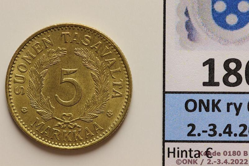 k-0180-b.jpg - Kohde 180 (kuva 2/2), lhthinta: 10 € / myyntihinta: 95 € 5 mk 1930 AlBr. Erittin kaunis!, kunto: 8