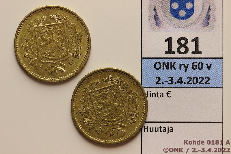 k-0181-a.jpg - Kohde 181 (kuva 1/2), lhthinta: 10 € / ei tarjouksia 5 mk 1941, -42 AlBr, kauniit!, kunto: 7, 6