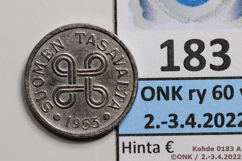 k-0183-a.jpg - Kohde 183 (kuva 1/2), lhthinta: 100 € / ei tarjouksia 5 mk 1953 Myyty Holmastolla FeNi-versiona, kunto: 7/8