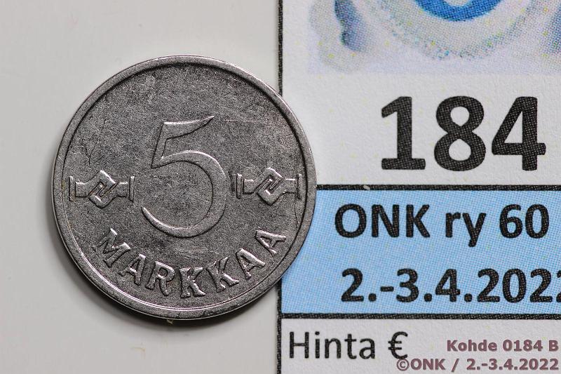 k-0184-b.jpg - Kohde 184 (kuva 2/2), lhthinta: 100 € / myyntihinta: 100 € 5 mk 1953 FeNi, pij, nikkelinti varmistettu rtg-fluorometrilla, kunto: 7