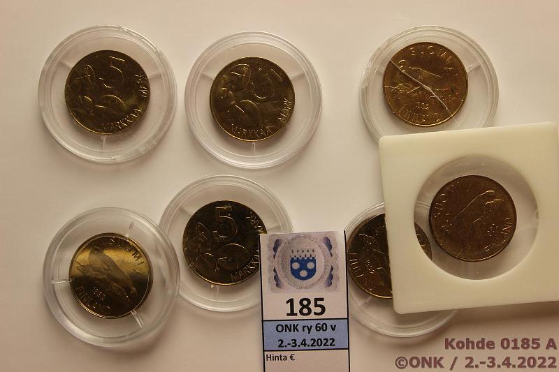 k-0185-a.jpg - Kohde 185, lhthinta: 5 € / myyntihinta: 5 € 5 mk 1992 (7) AlBr, 6 kaps, joista osa rikki, kunto: 8-9