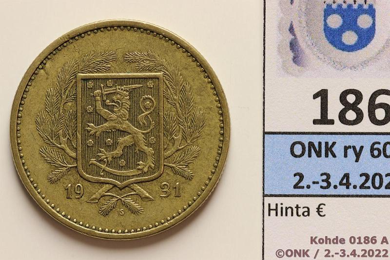 k-0186-a.jpg - Kohde 186 (kuva 1/2), lhthinta: 20 € / myyntihinta: 20 € 20 mk 1931 AlBr, kunto: 4