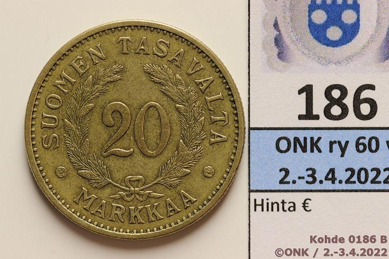 k-0186-b.jpg - Kohde 186 (kuva 2/2), lhthinta: 20 € / myyntihinta: 20 € 20 mk 1931 AlBr, kunto: 4