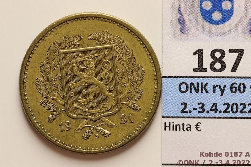 k-0187-a.jpg - Kohde 187 (kuva 1/2), lhthinta: 30 € / myyntihinta: 30 € 20 mk 1931 AlBr, kaunis!, kunto: 7