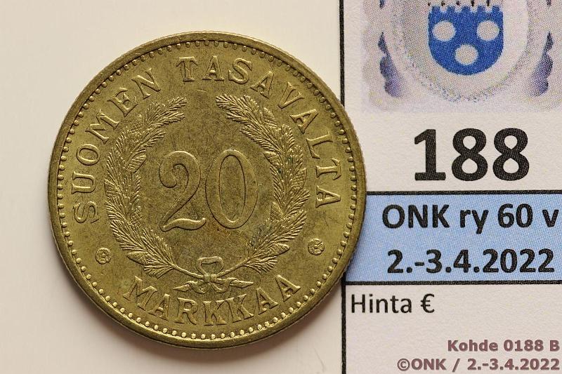 k-0188-b.jpg - Kohde 188 (kuva 2/2), lhthinta: 45 € / myyntihinta: 45 € 20 mk 1931 AlBr, erittin kaunis!, kunto: 8