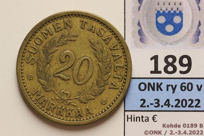 k-0189-b.jpg - Kohde 189 (kuva 2/2), lhthinta: 15 € / myyntihinta: 19 € 20 mk 1932 AlBr, kunto: 5