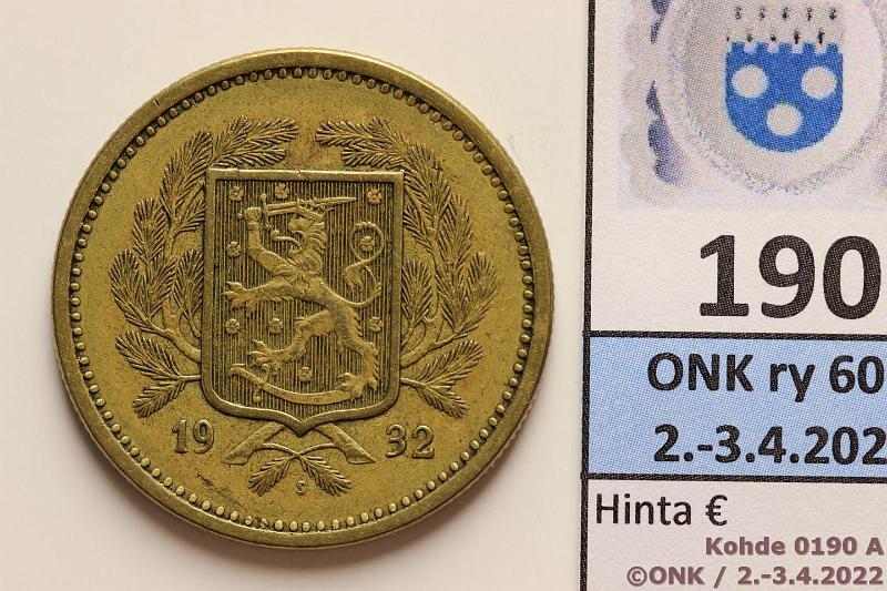 k-0190-a.jpg - Kohde 190 (kuva 1/2), lhthinta: 15 € / myyntihinta: 21 € 20 mk 1932 AlBr, kunto: 5