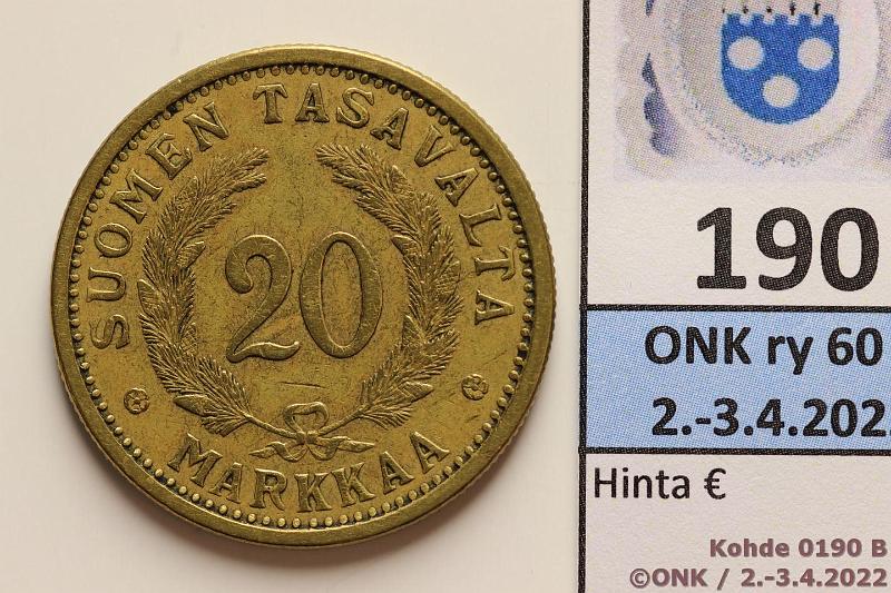 k-0190-b.jpg - Kohde 190 (kuva 2/2), lhthinta: 15 € / myyntihinta: 21 € 20 mk 1932 AlBr, kunto: 5