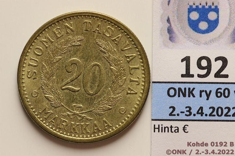 k-0192-b.jpg - Kohde 192 (kuva 2/2), lhthinta: 45 € / myyntihinta: 45 € 20 mk 1932 AlBr, hn, erittin kaunis!, kunto: 9