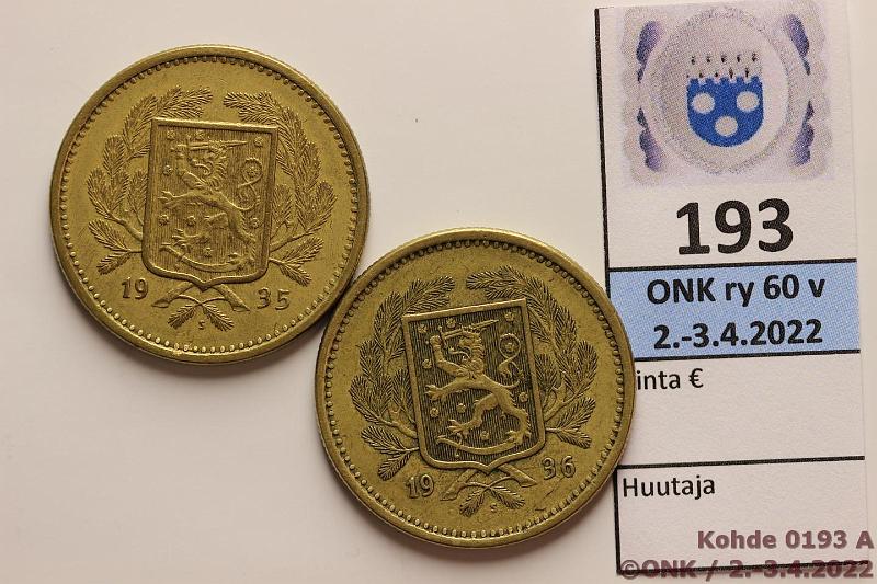 k-0193-a.jpg - Kohde 193 (kuva 1/2), lhthinta: 5 € / ei tarjouksia 20 mk 1935, -36 AlBr, kunto: 5