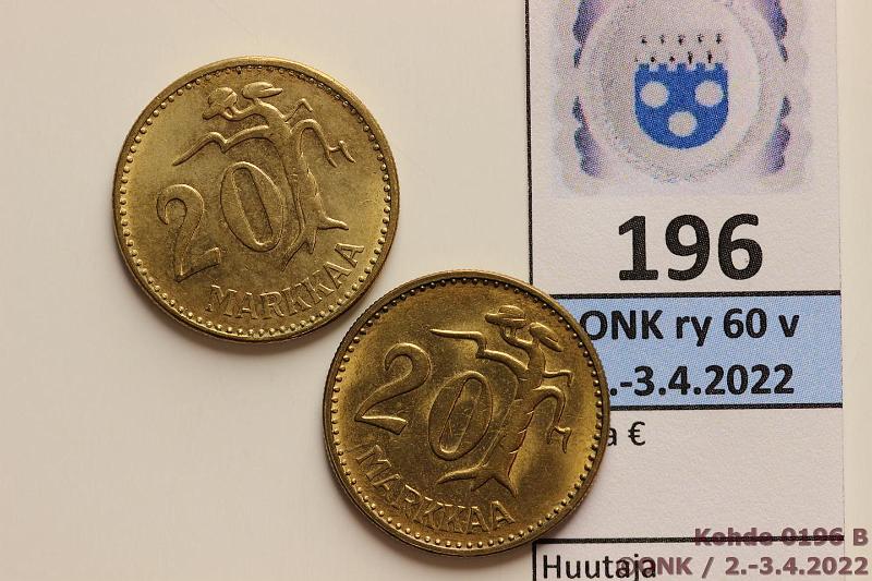 k-0196-b.jpg - Kohde 196 (kuva 2/2), lhthinta: 25 € / myyntihinta: 26 € 20 mk 1957, -58 AlBr, loisteliaat!, kunto: 9, 9/8