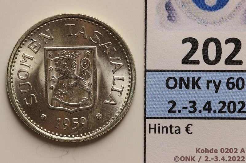 k-0202-a.jpg - Kohde 202 (kuva 1/2), lhthinta: 12 € / myyntihinta: 17 € 100 mk 1959 Ag, loistelias!, kunto: 9