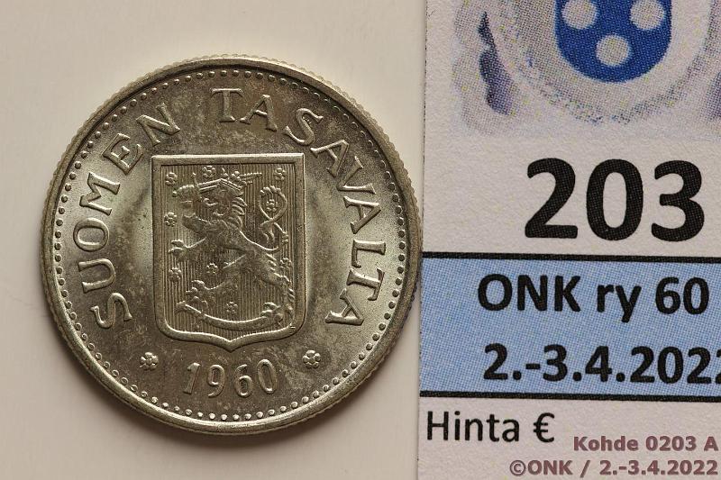 k-0203-a.jpg - Kohde 203 (kuva 1/2), lhthinta: 10 € / myyntihinta: 10 € 100 mk 1960 Ag, aavistus patinaa, arvopuolella keh kiertv hankauma?, kunto: 8