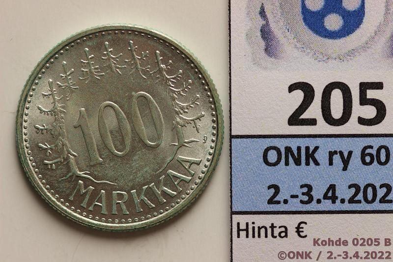 k-0205-b.jpg - Kohde 205 (kuva 2/2), lhthinta: 10 € / myyntihinta: 13 € 100 mk 1960 Ag, hieman kansiohometta, kunto: 8