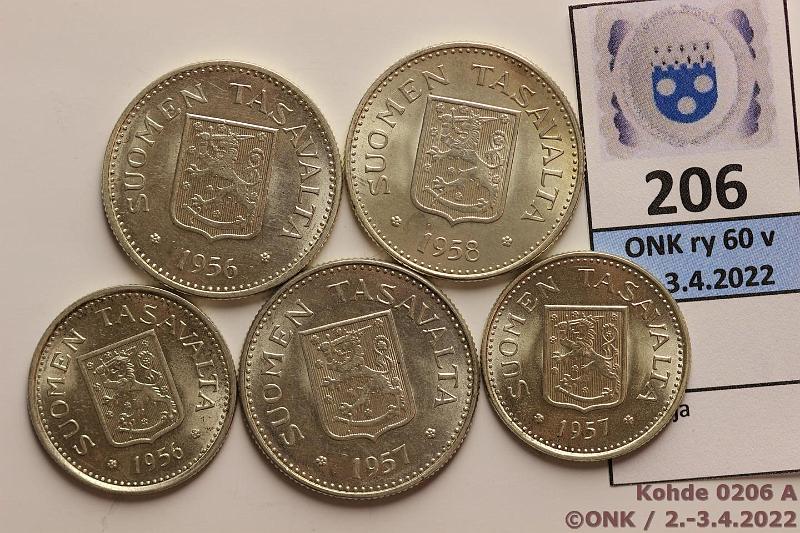 k-0206-a.jpg - Kohde 206 (kuva 1/2), lhthinta: 15 € / myyntihinta: 24 € 100 + 200 mk 1956-58 (5) Ag, 100mk -56, -57; 200mk -56, -57, -58H, erittin kauniit!, kunto: 8-9