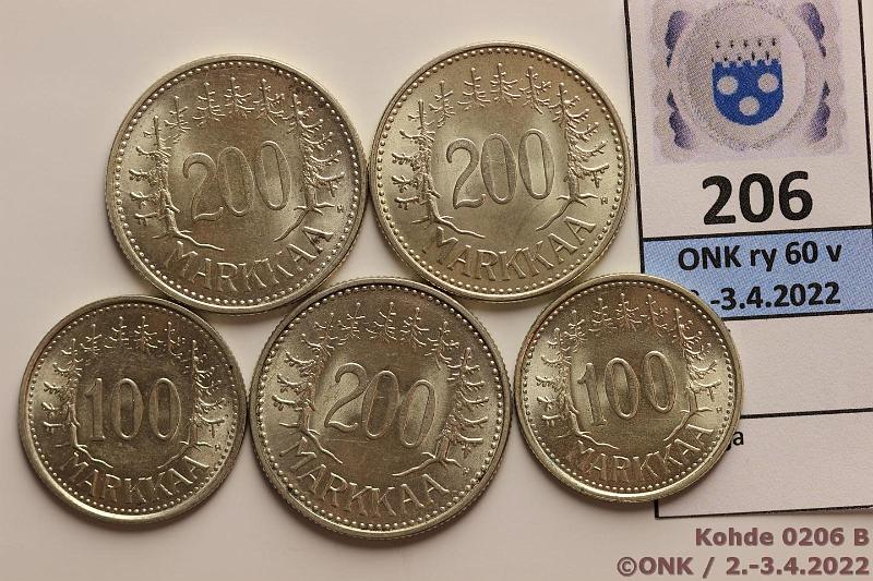 k-0206-b.jpg - Kohde 206 (kuva 2/2), lhthinta: 15 € / myyntihinta: 24 € 100 + 200 mk 1956-58 (5) Ag, 100mk -56, -57; 200mk -56, -57, -58H, erittin kauniit!, kunto: 8-9