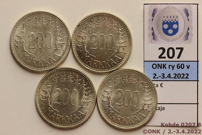 k-0207-b.jpg - Kohde 207 (kuva 2/2), lhthinta: 10 € / myyntihinta: 18 € 200 mk 1958H (4) Ag, erittin kauniita, hieman sormenjki, kunto: 8-9