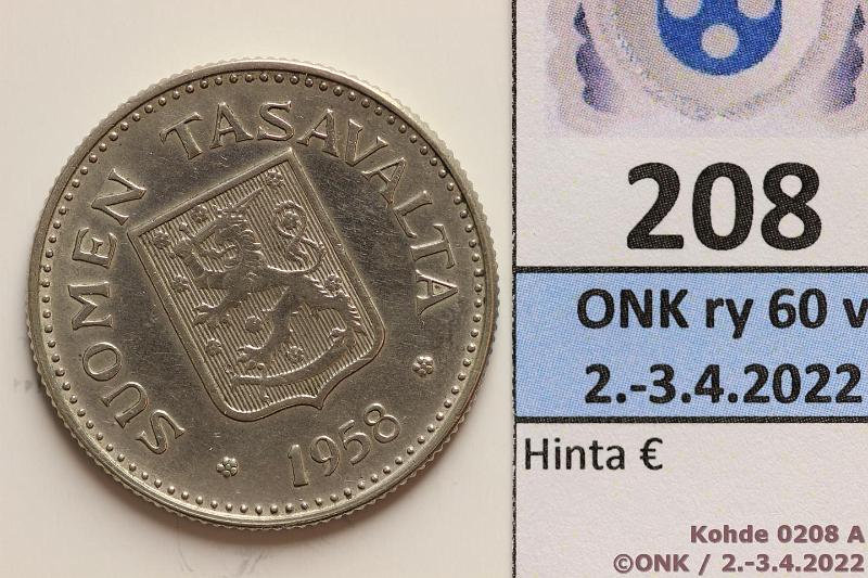 k-0208-a.jpg - Kohde 208 (kuva 1/2), lhthinta: 350 € / myyntihinta: 430 € 200 mk 1958S Ag, SNY 653.2, harvinainen!, kunto: 6/7