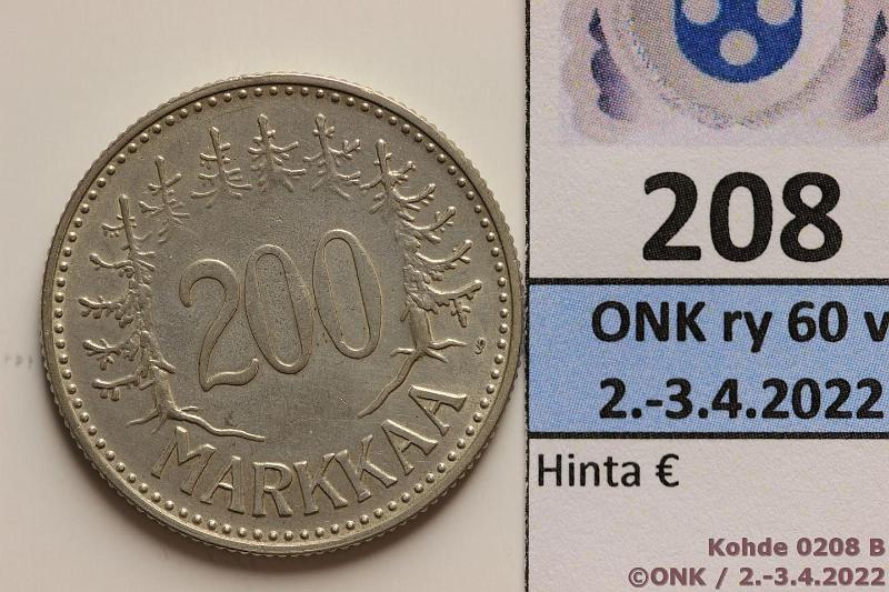 k-0208-b.jpg - Kohde 208 (kuva 2/2), lhthinta: 350 € / myyntihinta: 430 € 200 mk 1958S Ag, SNY 653.2, harvinainen!, kunto: 6/7