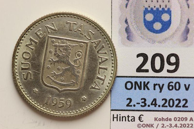 k-0209-a.jpg - Kohde 209 (kuva 1/2), lhthinta: 40 € / myyntihinta: 44 € 200 mk 1959 Ag, erittin kaunis!, kunto: 8