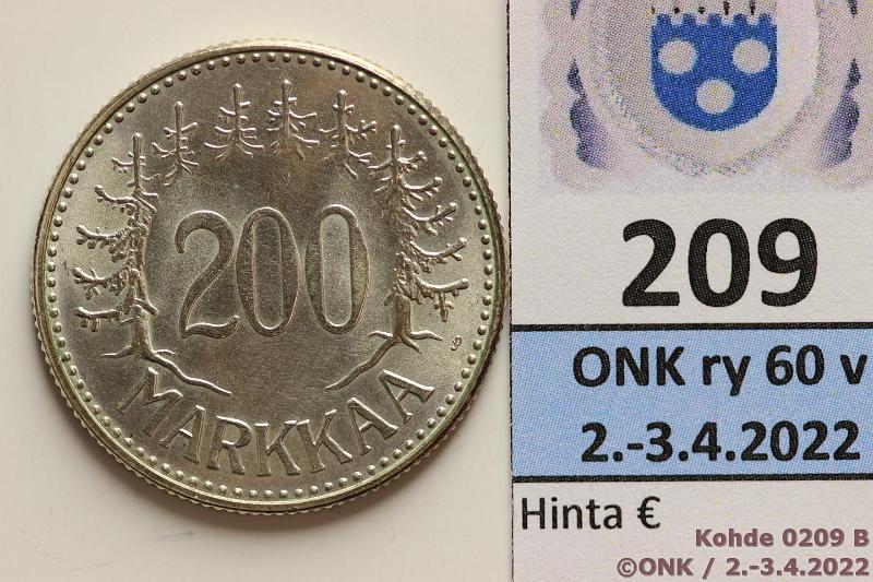 k-0209-b.jpg - Kohde 209 (kuva 2/2), lhthinta: 40 € / myyntihinta: 44 € 200 mk 1959 Ag, erittin kaunis!, kunto: 8
