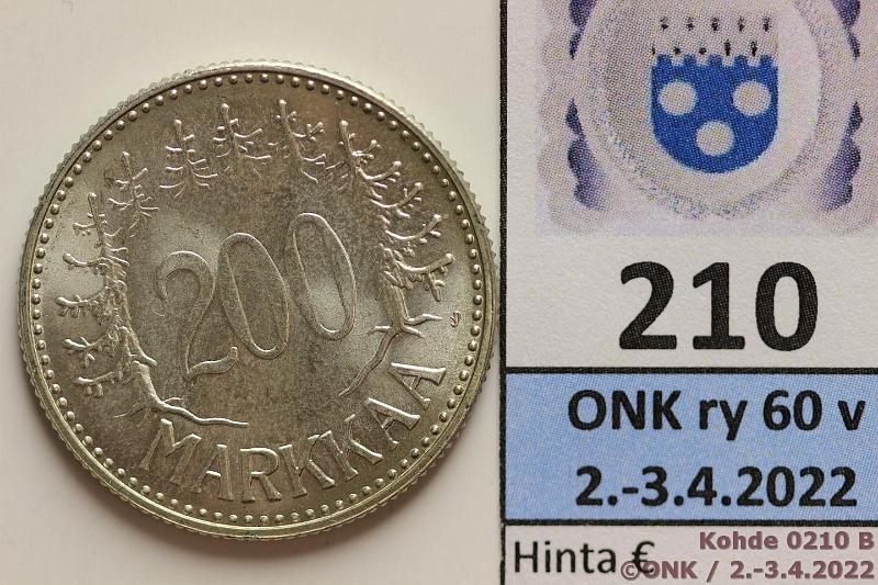 k-0210-b.jpg - Kohde 210 (kuva 2/2), lhthinta: 40 € / myyntihinta: 50 € 200 mk 1959 Ag, loistelias!, kunto: 9