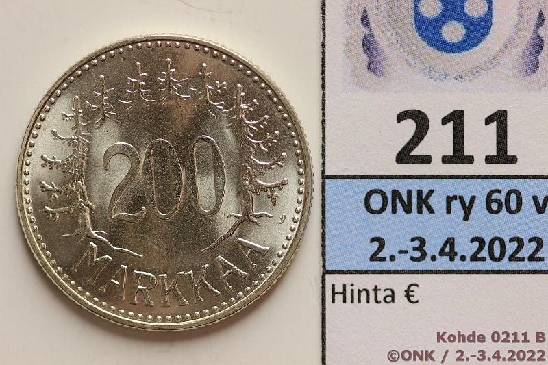 k-0211-b.jpg - Kohde 211 (kuva 2/2), lhthinta: 40 € / myyntihinta: 46 € 200 mk 1959 Ag, loistelias!, kunto: 9