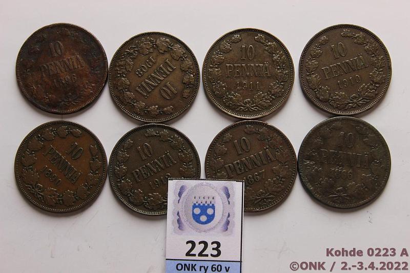 k-0223-a.jpg - Kohde 223, lhthinta: 5 € / myyntihinta: 7 € 10 p 1866-1912 (8) 1866, -67, -90, -96, 1908, -10, -11, -12, kunto: 3-5