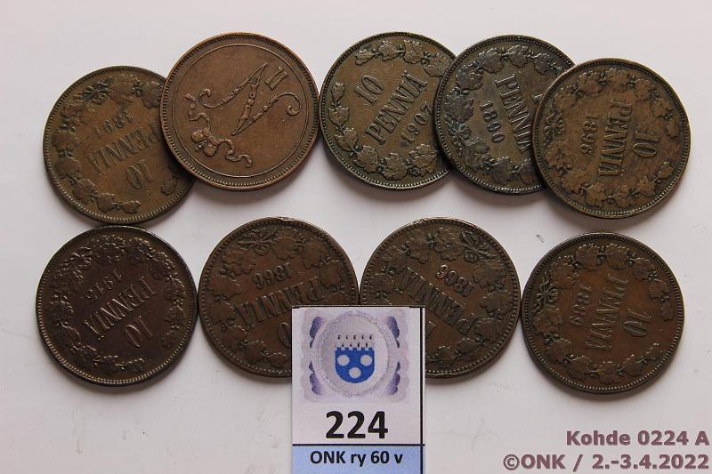 k-0224-a.jpg - Kohde 224, lhthinta: 5 € / myyntihinta: 8 € 10 p 1866-1913 (9) 1866(2), -89, -90, -91, -96(6 vinossa), 1907, -12, -13(kl 5). Osassa pieni vikoja, kunto: 2-5